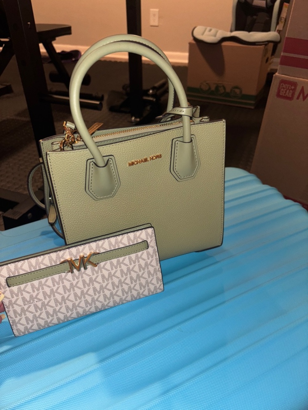 Michael Kors Pebbled Leather Small Satchel in Sage Green